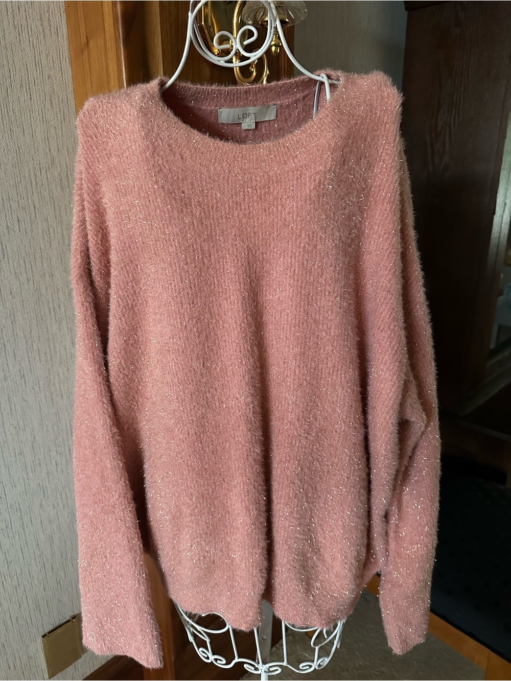 LOFT Dusty Rose Metallic-Thread Crewneck Sweater